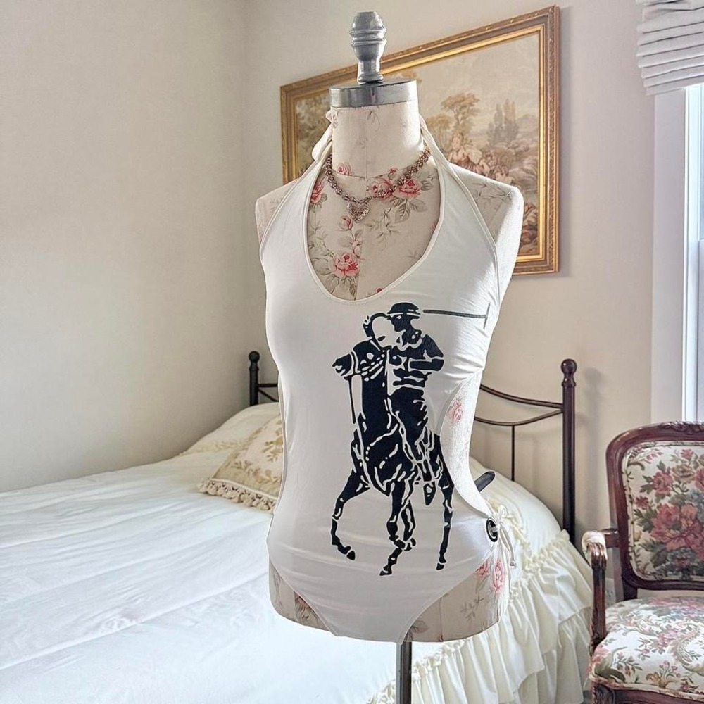 y2k ralph lauren polo graphic halter one piece swimsuit tagged a size 10 rare